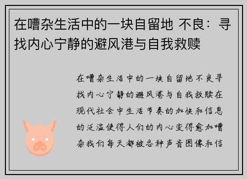 在嘈杂生活中的一块自留地 不良：寻找内心宁静的避风港与自我救赎